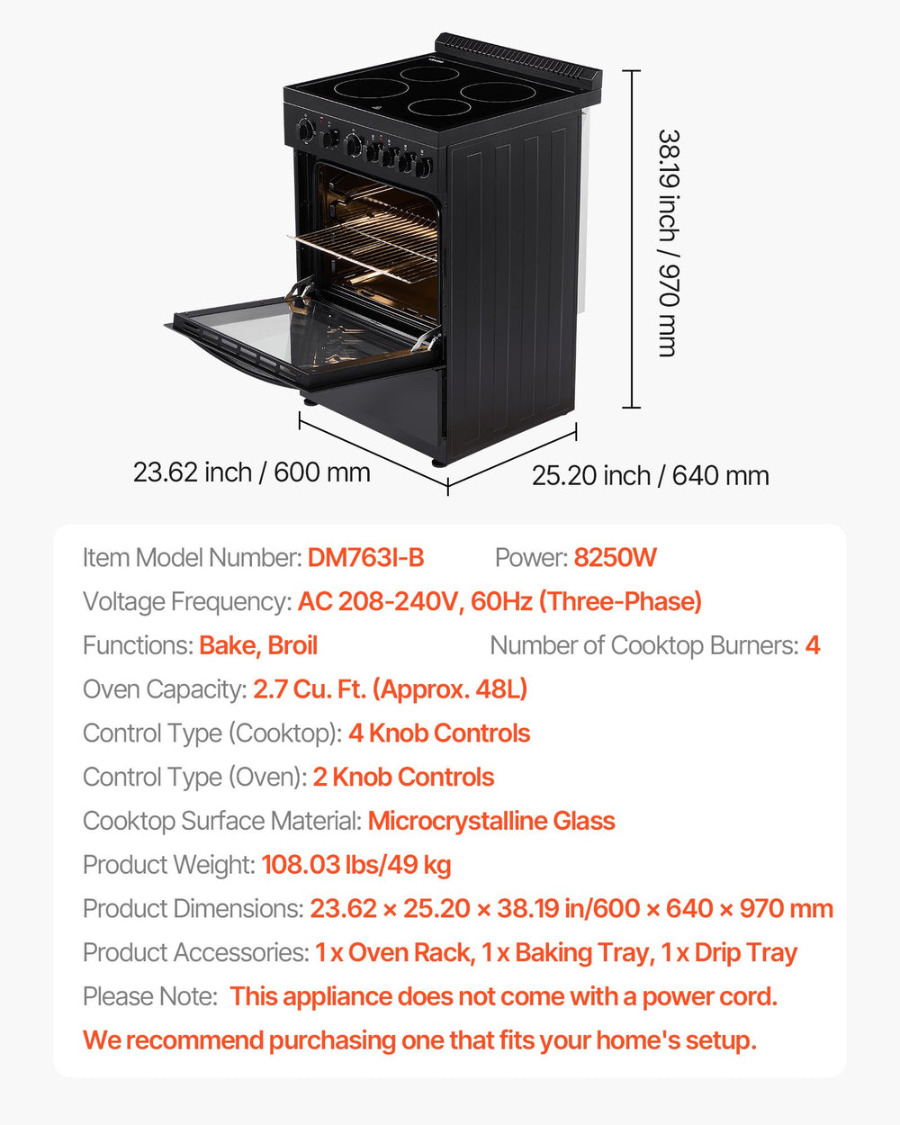 Vevor Electric Range Oven 24" with 4 Burners 2.7 Cu. Ft Capacity New