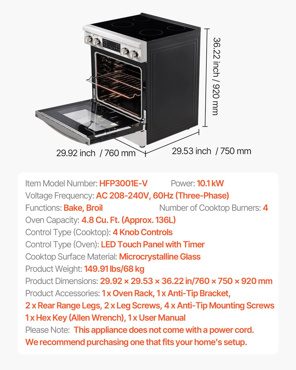Vevor Electric Range Oven 30" with 4 Burners 4.8 Cu. Ft Capacity New