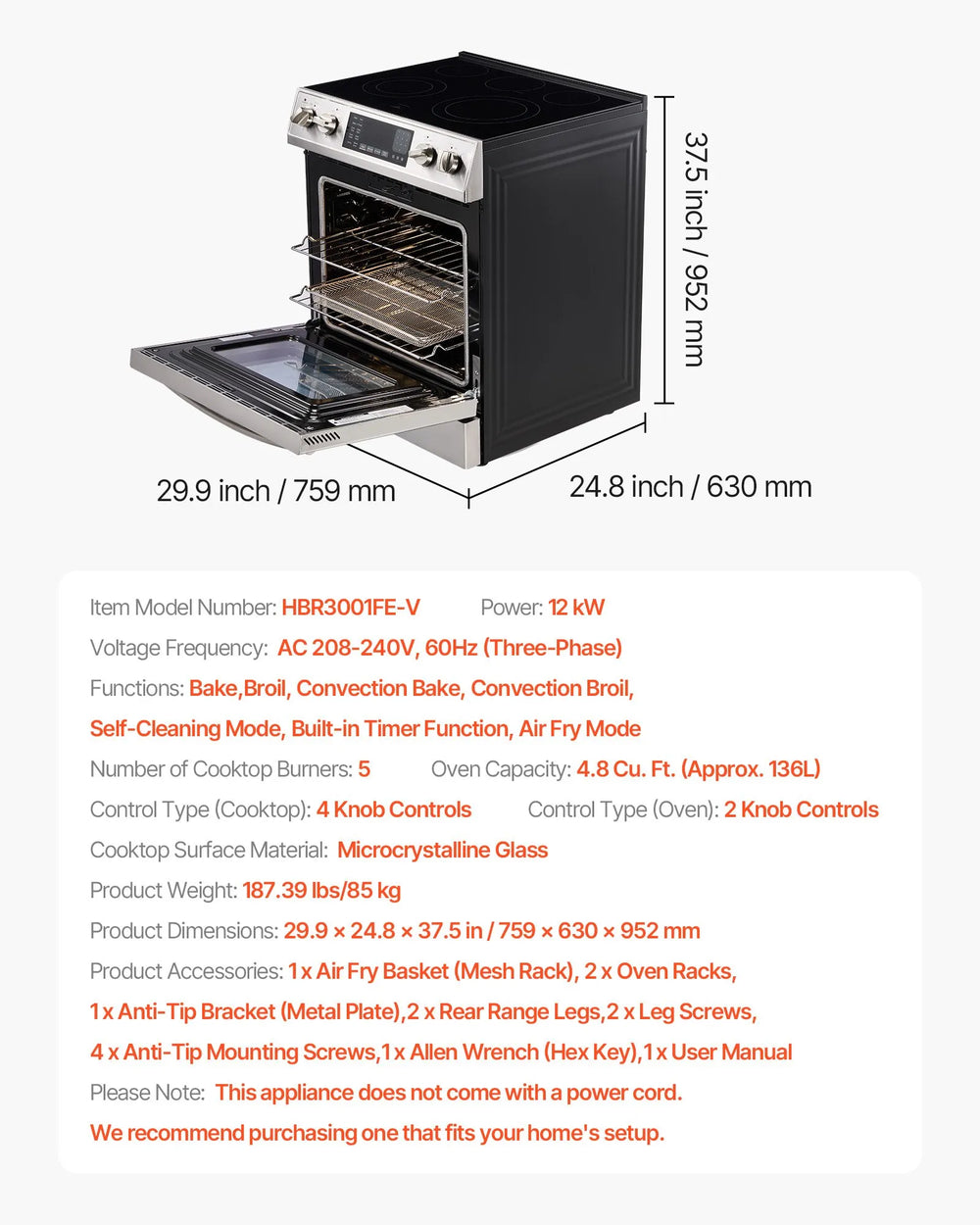Vevor Electric Range Oven 30 in. with 5 Burners Stainless Steel New
