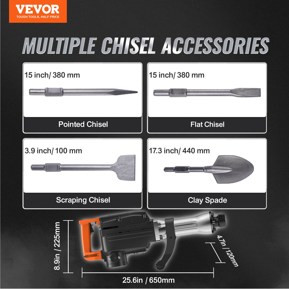 Vevor Demolition Jack Hammer with 4 Chisels 2200W 1350 BPM New