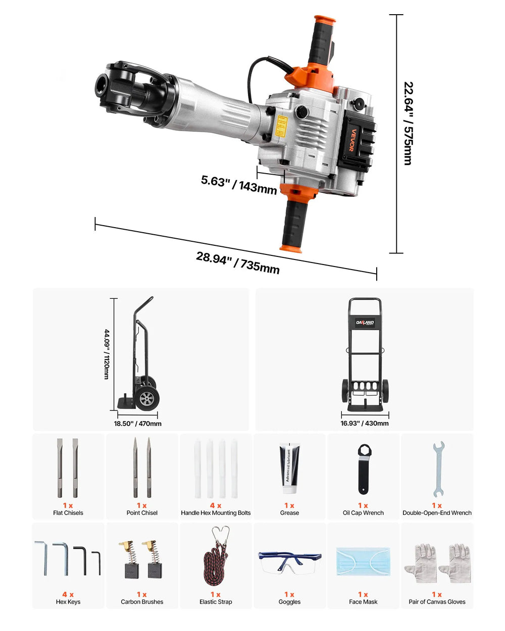 Vevor Demolition Jack Hammer with Trolley 4 Chisels 1650 BPM 2100W New