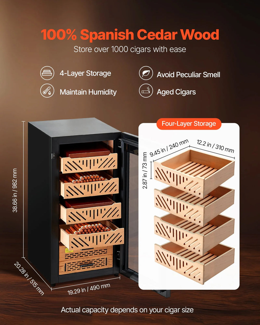 Vevor Electric Humidor Cabinet with Temp Control 4 Layers 1000 Cigar Capacity New