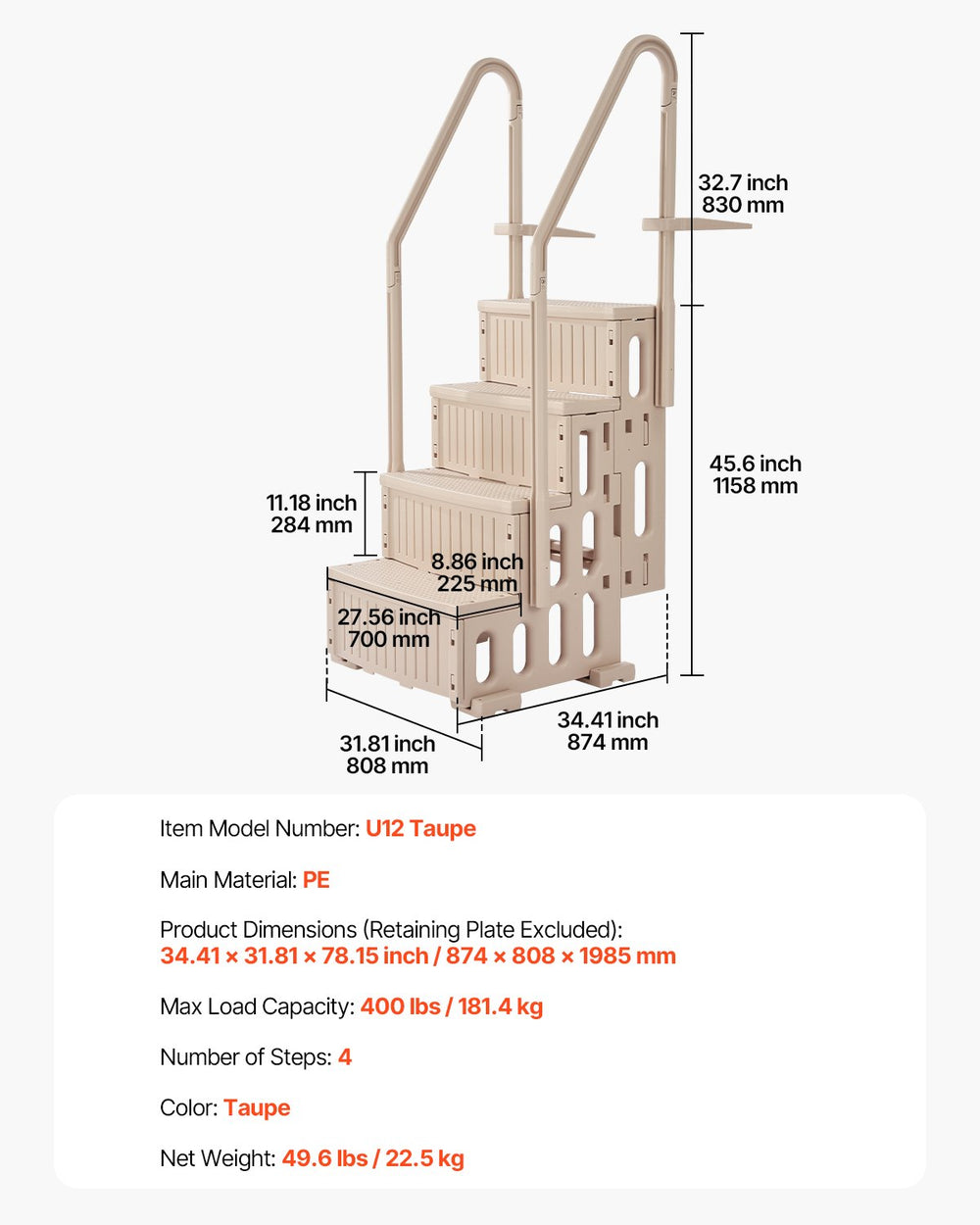 Vevor 4-Step Pool Ladder 48"-54" with Double Handrails 400 Lbs Capacity New