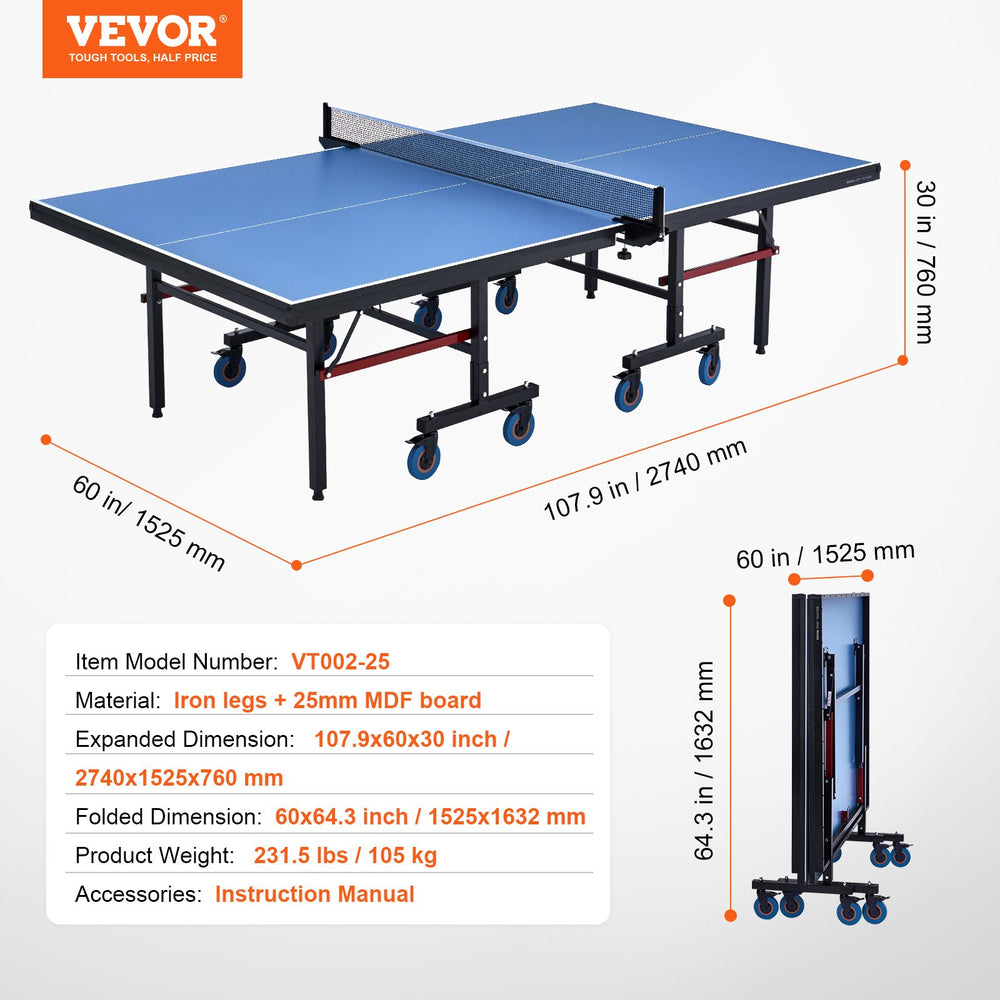 Vevor Ping Pong Table 25mm Thick Foldable with Clamp Style Net New