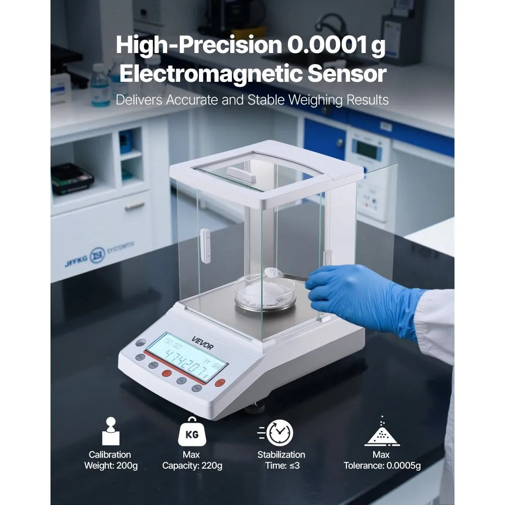 Vevor Lab Scale 220 g x 0.1 mg High Precision Accuracy with Glass Draft Shield New