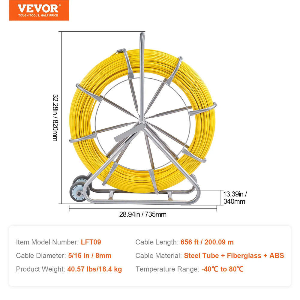 Vevor Fish Tape Puller Fiberglass Wire Cable Runner 5/16" 656 ft. with Reel Stand New
