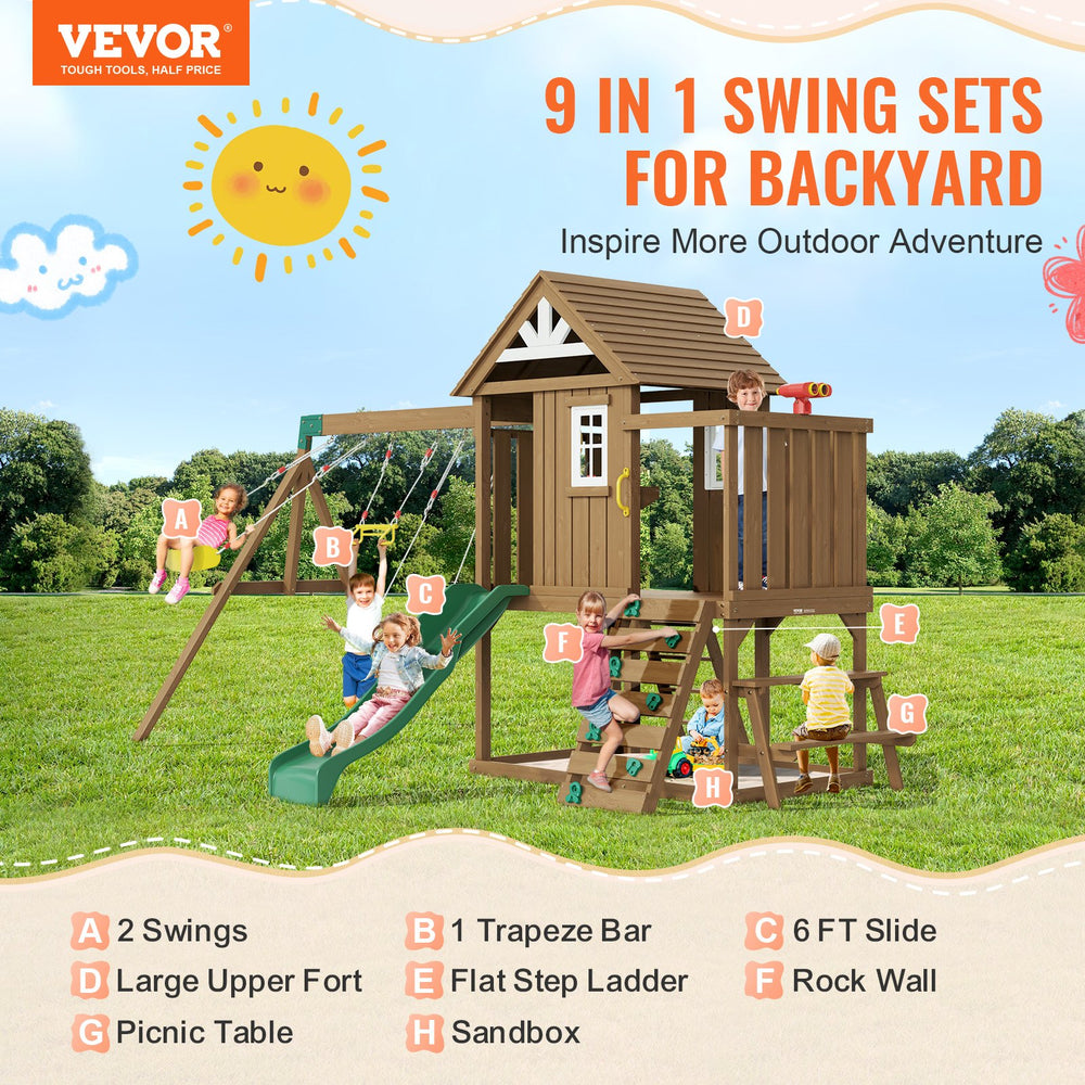 Vevor Wooden Swing Set 9-In-1 Outdoor Playground Set with Slide New