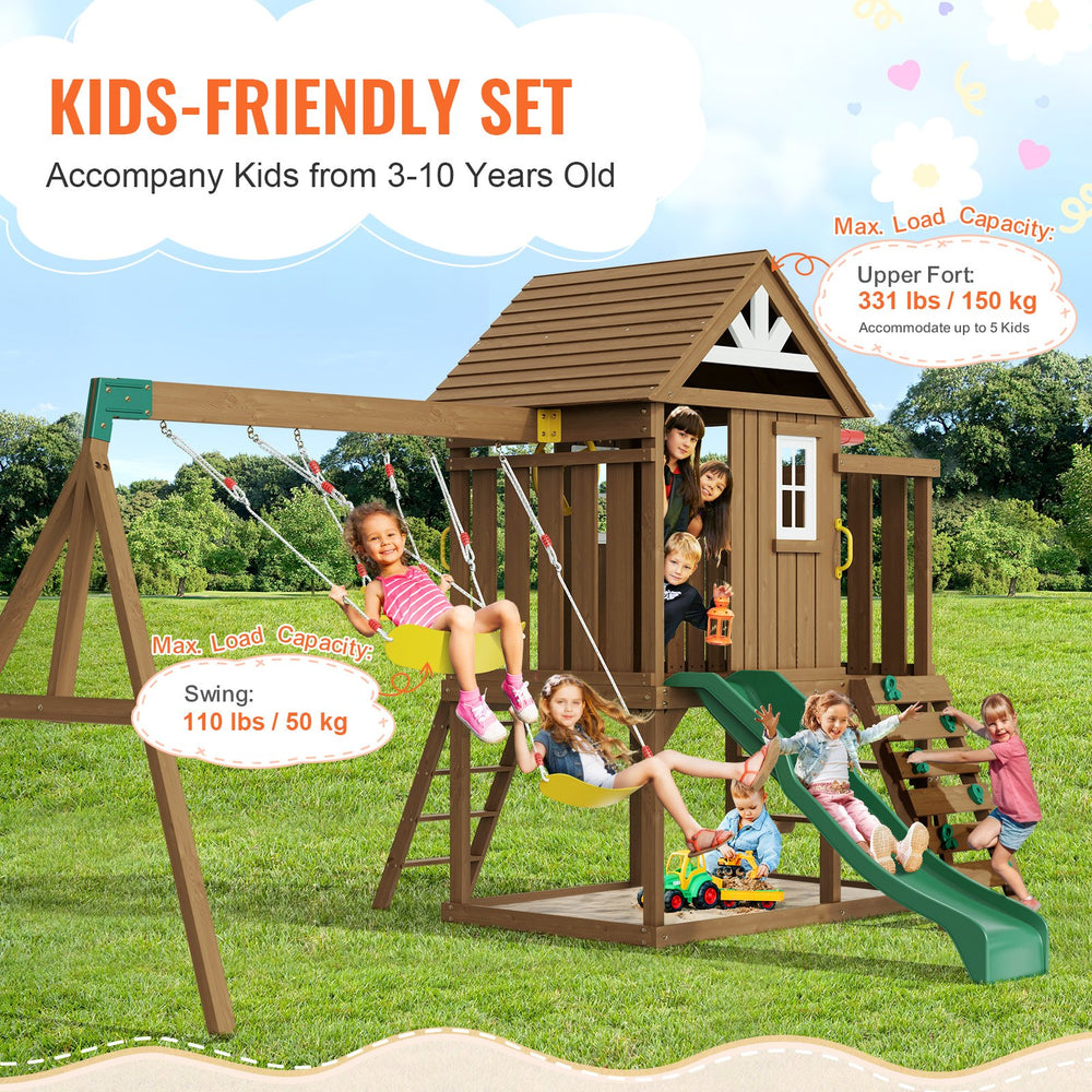 Vevor Wooden Swing Set 9-In-1 Outdoor Playground Set with Slide New