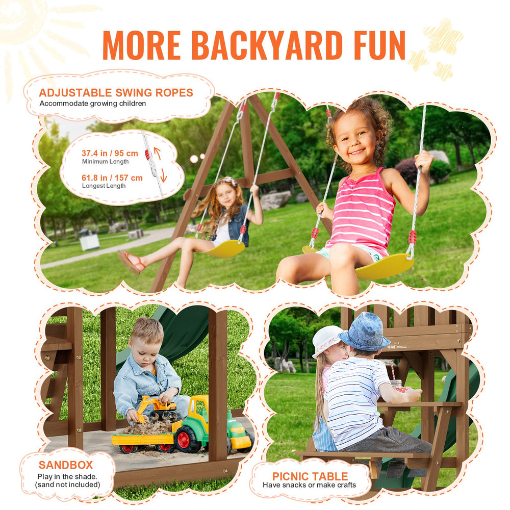 Vevor Wooden Swing Set 9-In-1 Outdoor Playground Set with Slide New