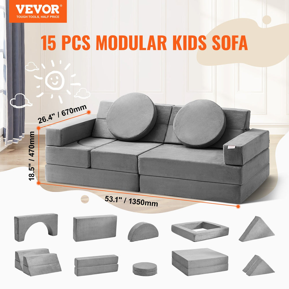 Vevor Play Couch 15pcs Modular Kids Foam Sofa with High-Density 25D Sponge New