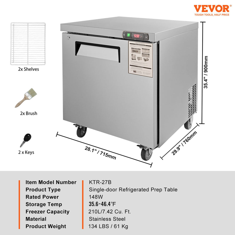 Vevor Commercial Refrigerator 7.4 Cu. Ft. Single Door Worktop Prep Station with Lock New