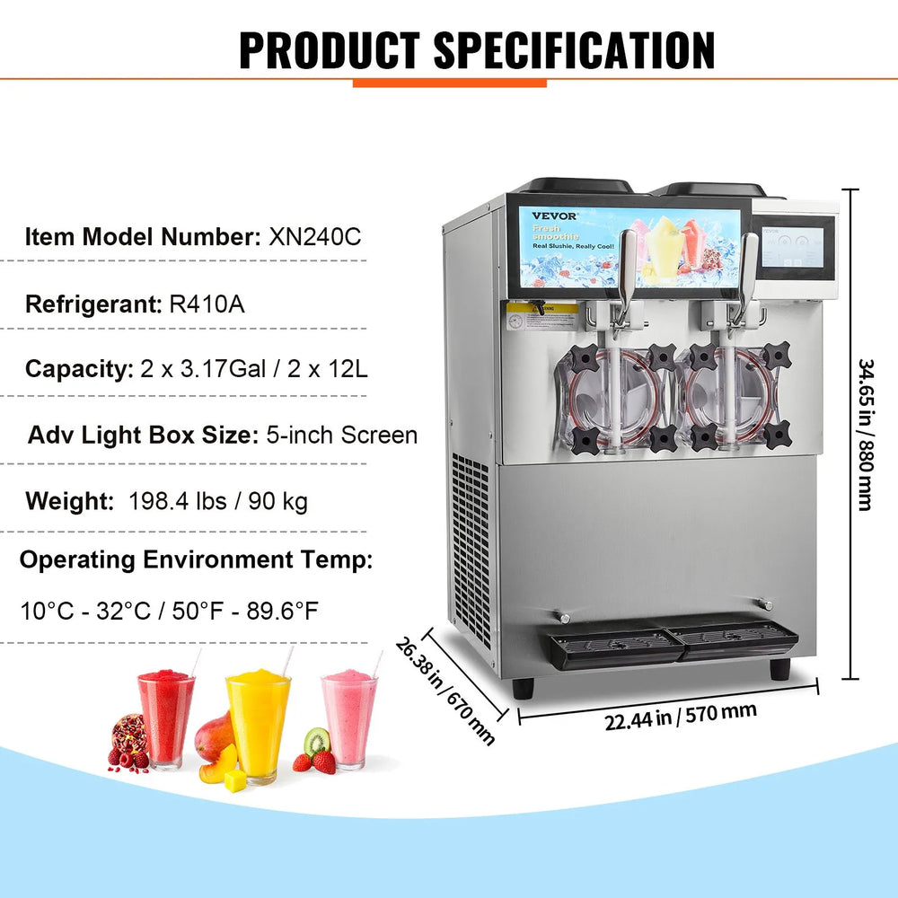 Vevor Commercial Slushy Machine 3.17 Gal. Double Tanks with Touchscreen New