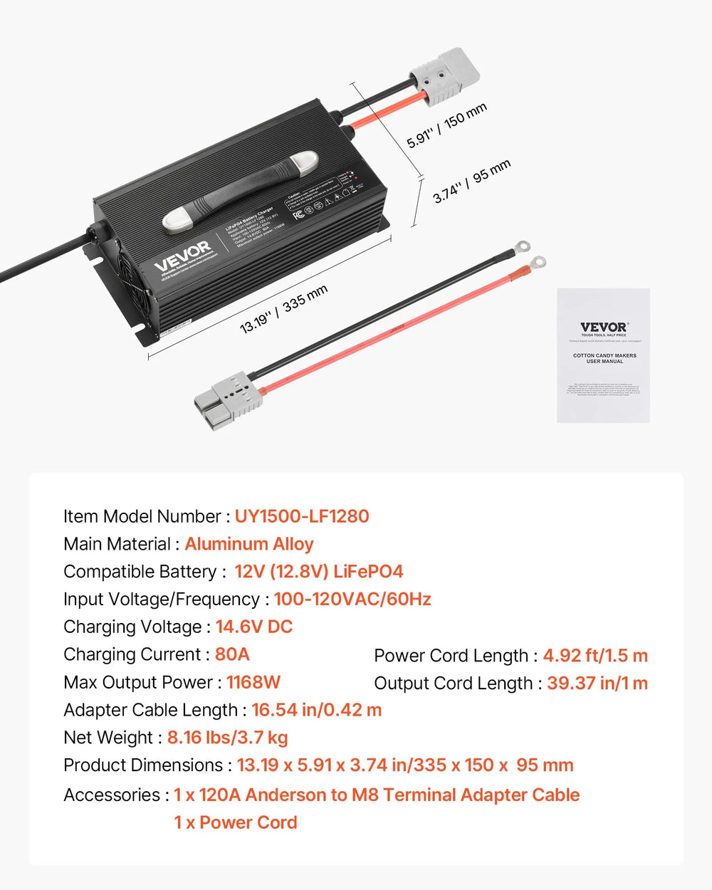 Vevor Lithium Battery Charger 12V 80A LiFePO4 with Anderson Connector New