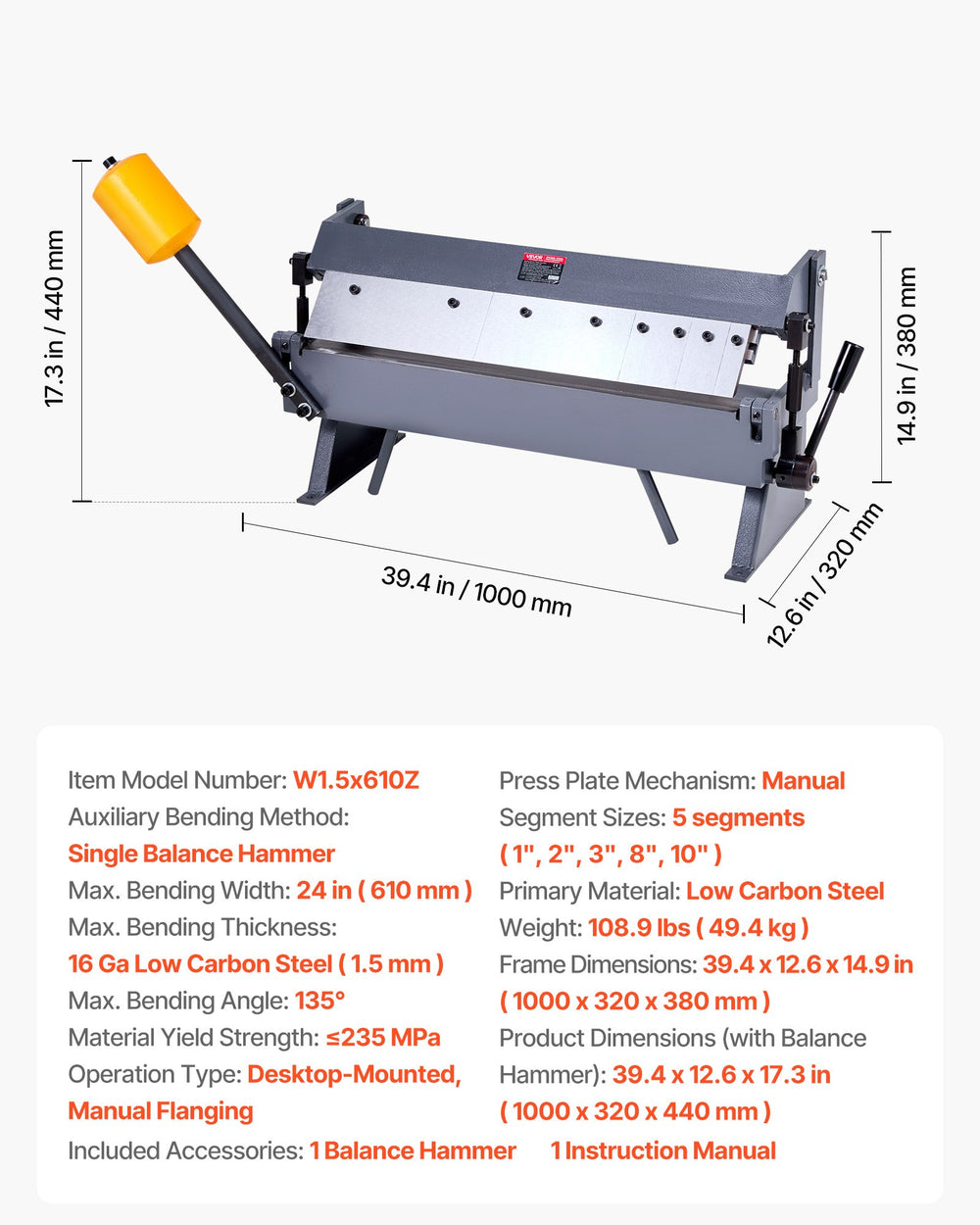 Vevor Box and Pan Brake 24" Sheet Metal Bender with 5 Fingers 0-135° Adjustable New