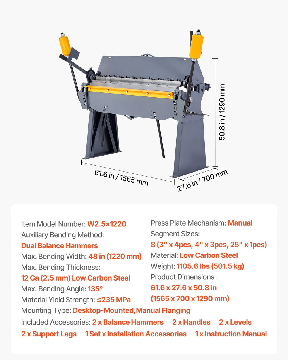 Vevor Box and Pan Brake 48" Sheet Metal Bender 12-Gauge Capacity with 8 Fingers 0-135° New