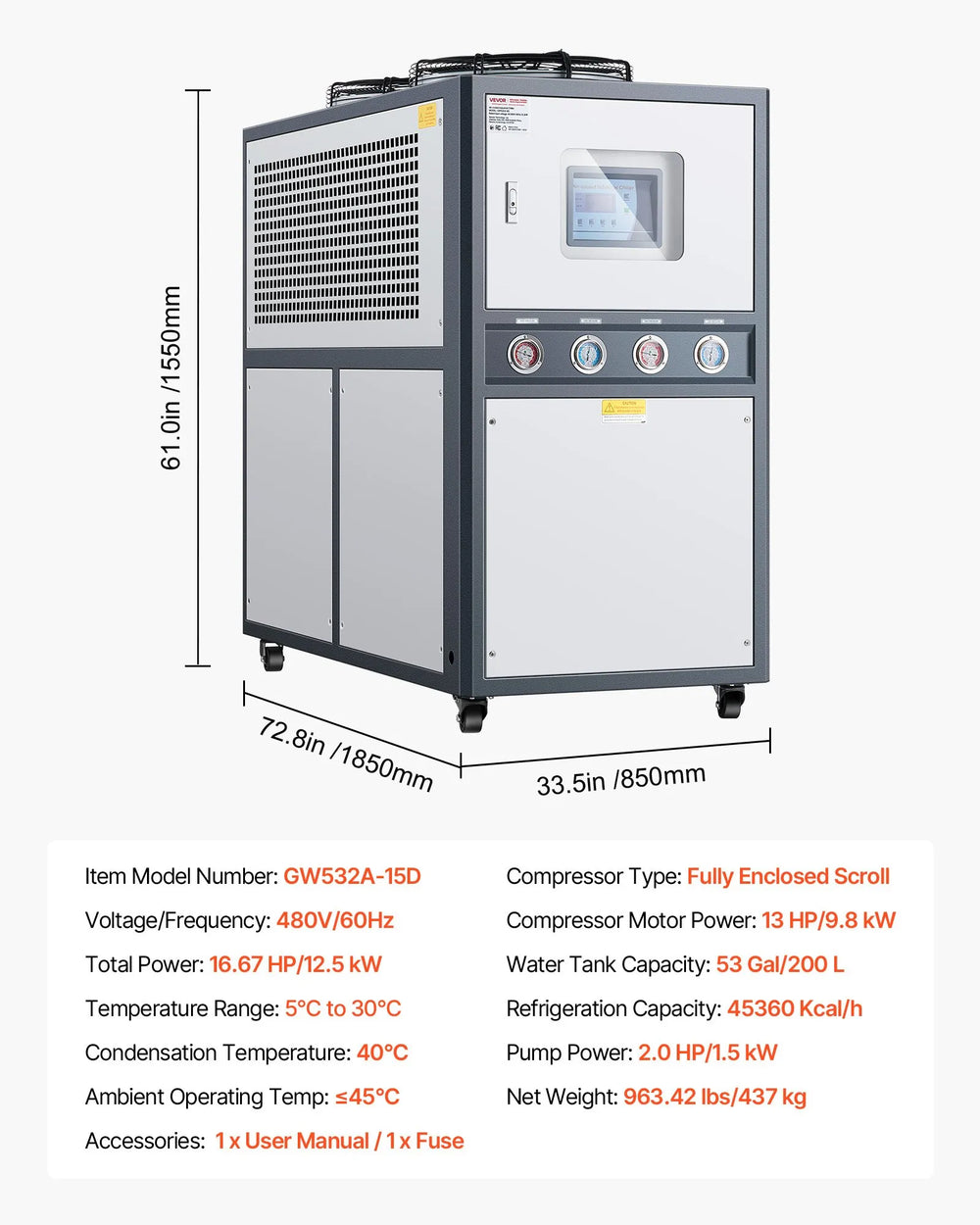 Vevor Air-Cooled Water Chiller 45,360 Kcal/h Cooling Capacity 53 Gal. Tank New
