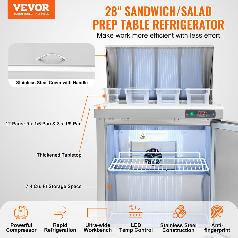 Vevor Commercial Refrigerated Prep Table 28" 1 Door with 12 Pans New