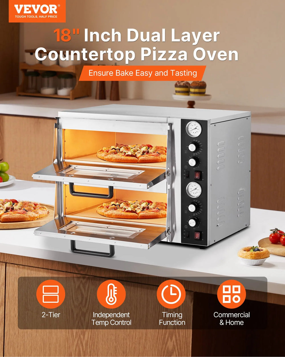 Vevor Electric Pizza Oven 18" Double-Deck with Independent Upper Lower Temp Control New