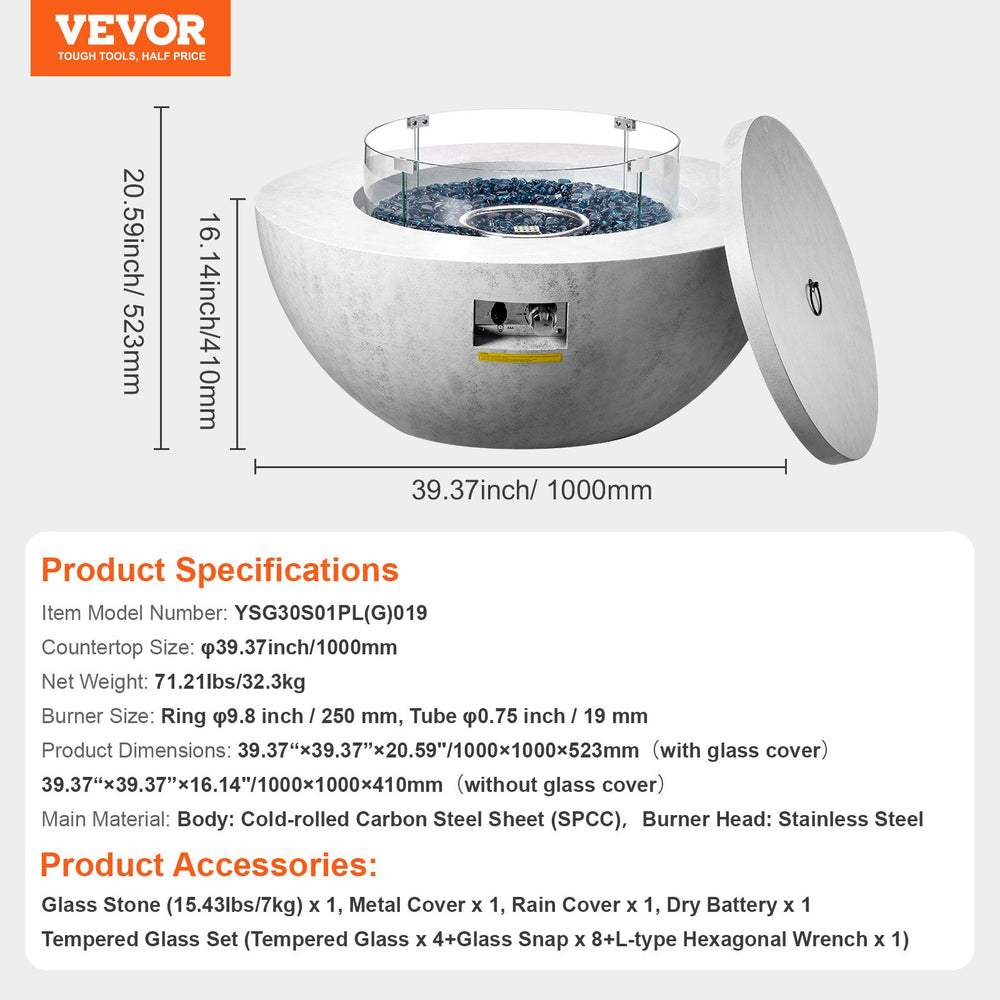 Vevor Propane Fire Pit Concrete 39" Tabletop 50,000BTU with Cover New