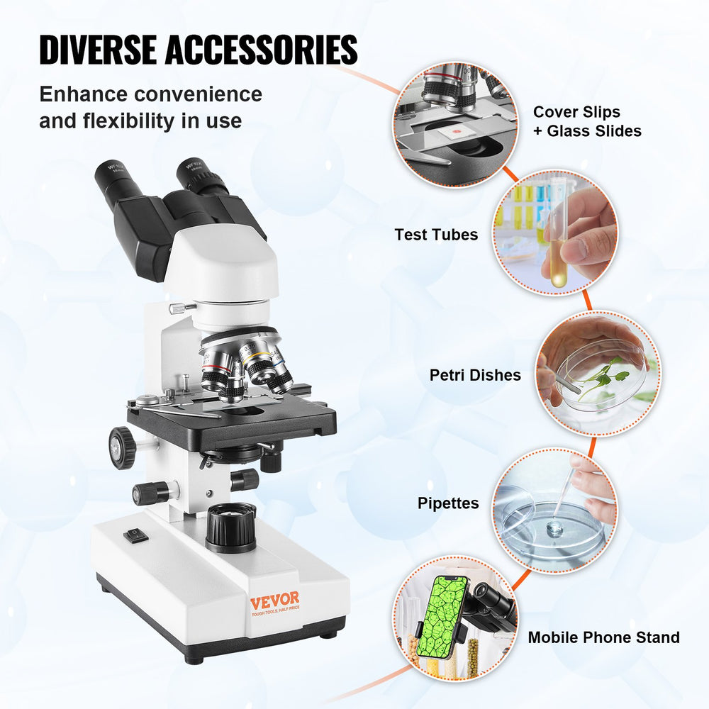 Vevor Binocular Compound Microscope with LED Illumination 40X-2500X Magnification New