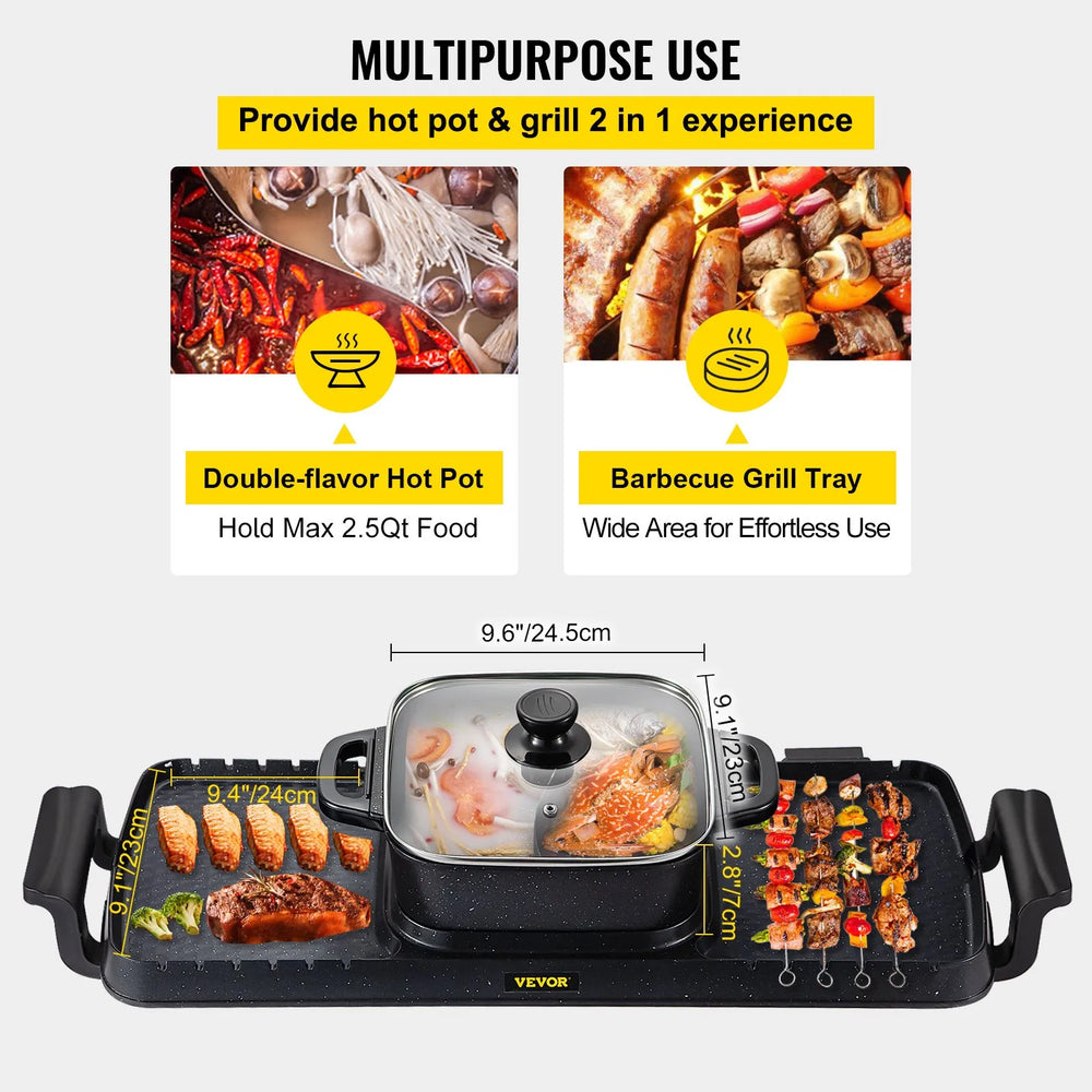 Vevor Electric Grill and Hot Pot 2-in-1 Smokeless BBQ Pan Grill 2400W New