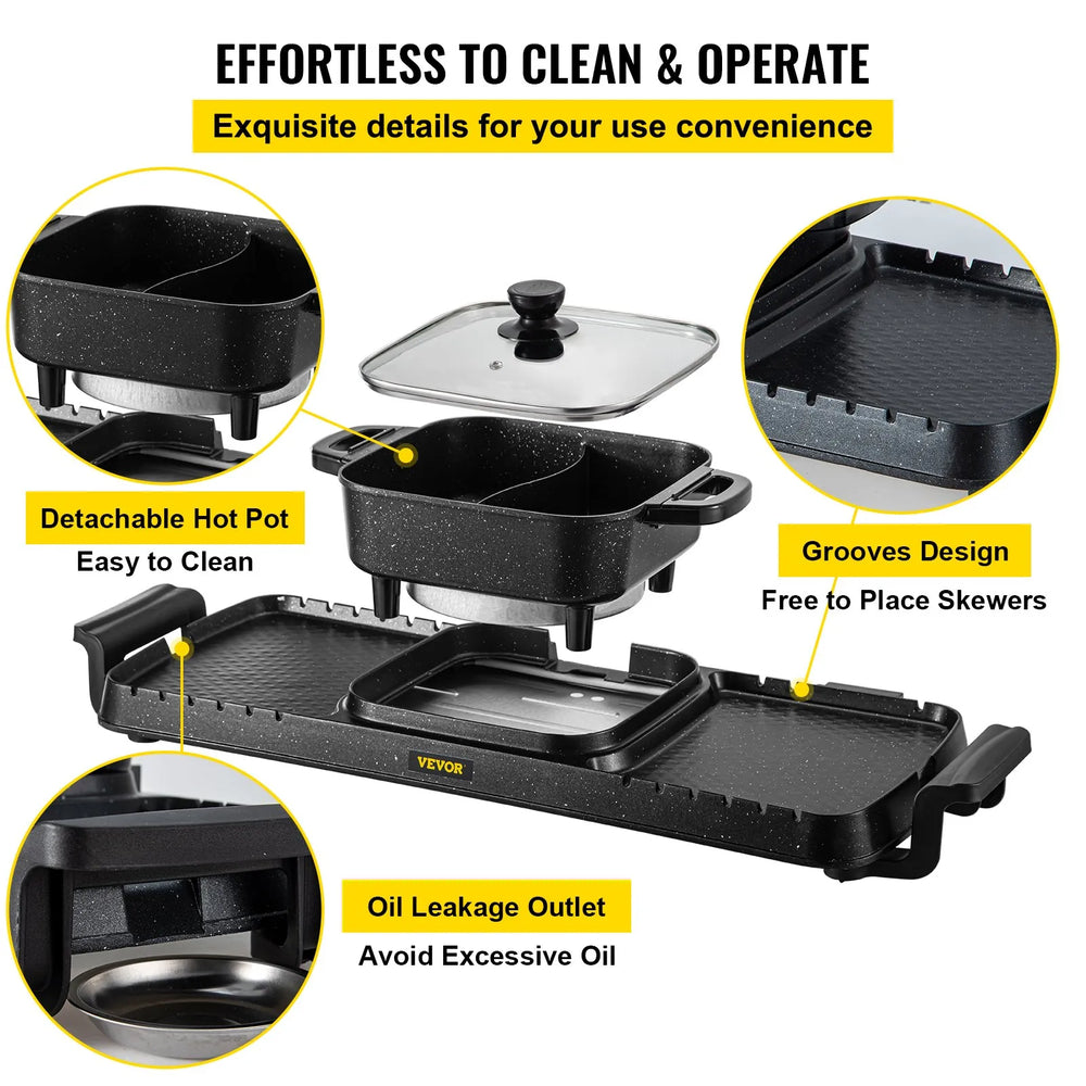 Vevor Electric Grill and Hot Pot 2-in-1 Smokeless BBQ Pan Grill 2400W New