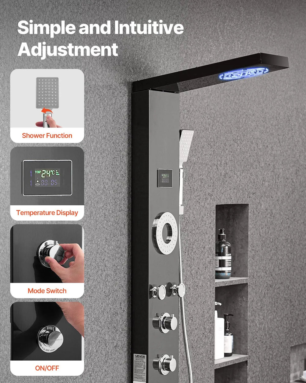 Vevor Shower Panel Tower System with Rainfall Head LED 53 in. 6-Function New