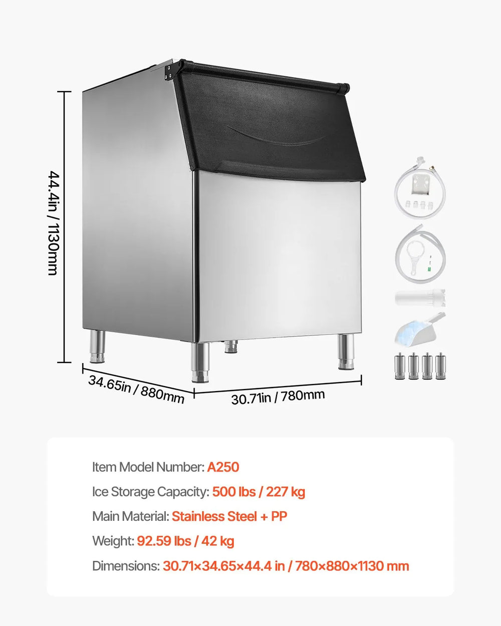 Vevor Commercial Ice Storage Bin 500 lbs Capacity Stainless Steel Gravity Drain New