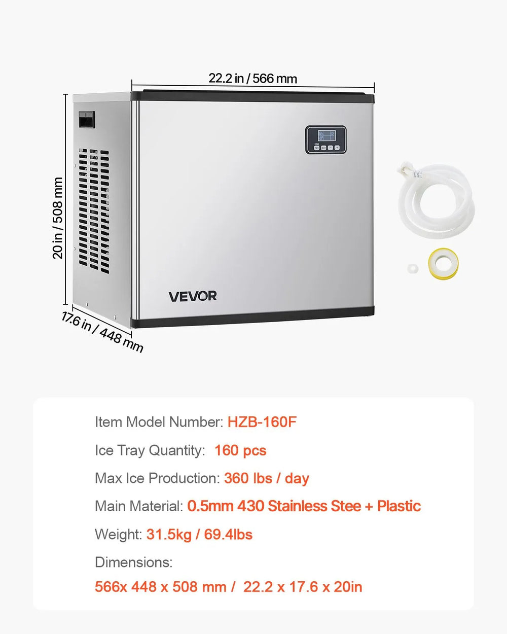 Vevor Commercial Ice Maker Head Unit Only 360 Lbs/Day with Self-Cleaning Touch Panel New