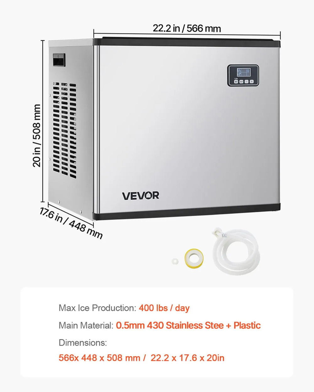 Vevor Commercial Ice Maker Head Unit Only 400 Lbs/Day Self-Cleaning with Touch Panel New