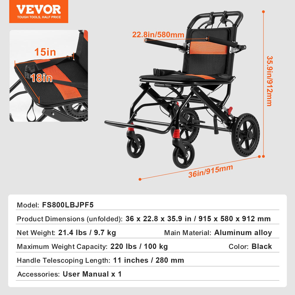 Vevor Wheelchair Aluminum Alloy Transport Chair Foldable 18" Seat 220 Lbs Capacity New