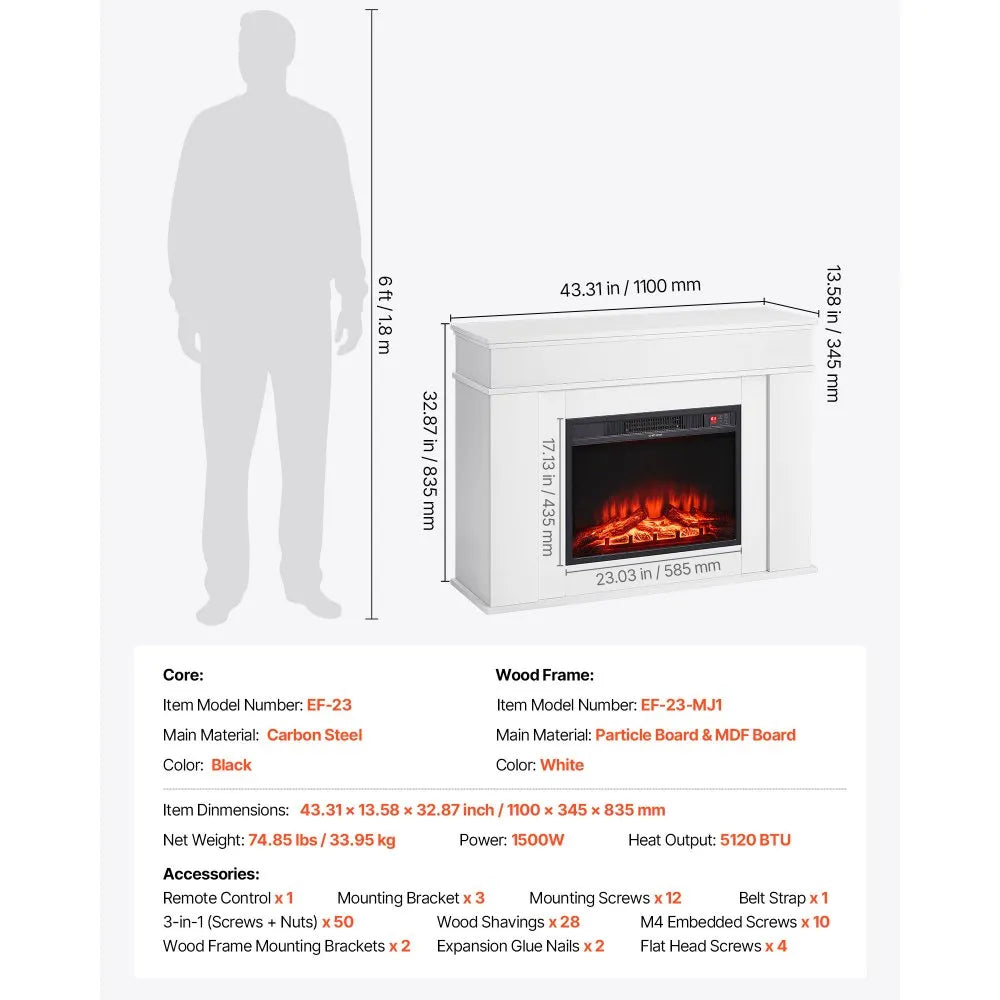 Vevor Electric Fireplace with Mantel 43 in. Adjustable Flames Remote Control 5,120 BTU 1500W New