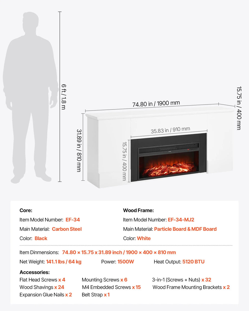 Vevor Freestanding Fireplace 75" Electric Heater with Mantel 1500W 5120 BTU New