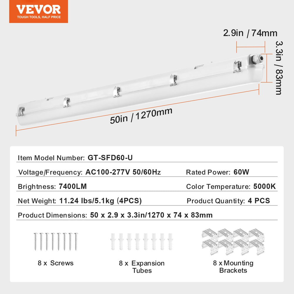 Vevor LED Vapor-Tight Light Fixture 4FT 60 Watt 7400LM 5000K IP65 Waterproof 4-Pack New