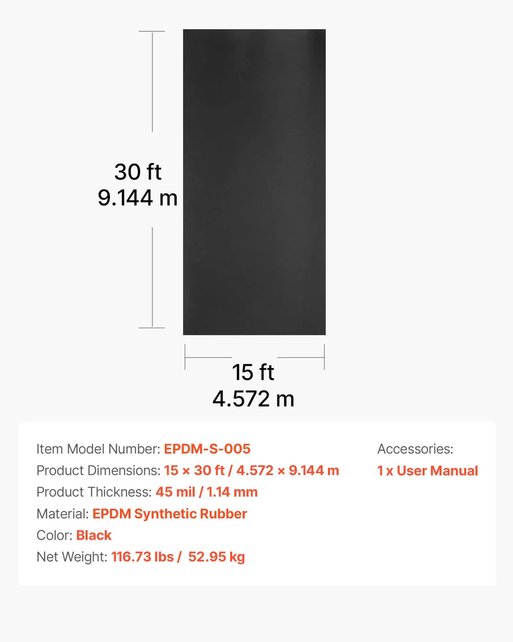 Vevor Rubber Roofing Roll Waterproof Membrane 1.14mm Thick 15 x 30 Ft. New