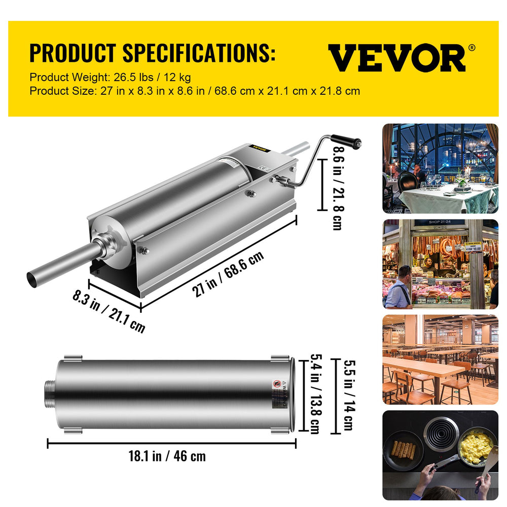 Vevor Horizontal Sausage Stuffer Manual with 5 Filling Nozzles 15 lbs Capacity New