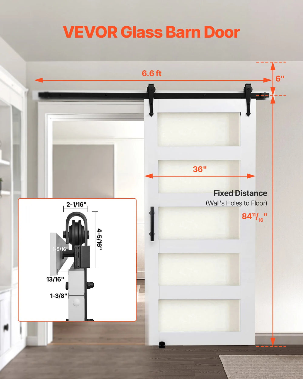 Vevor Sliding Barn Door 36 x 84 in. Frosted Glass Windows with Hardware Kit New