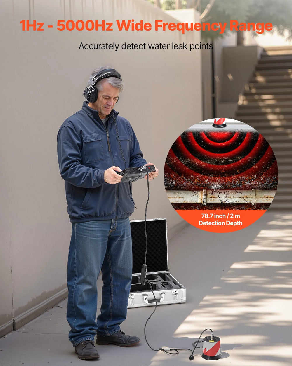 Vevor Pipe Water Leak Detector 1-5000Hz Frequency Range 6.6 ft Depth with 7" Touchscreen New