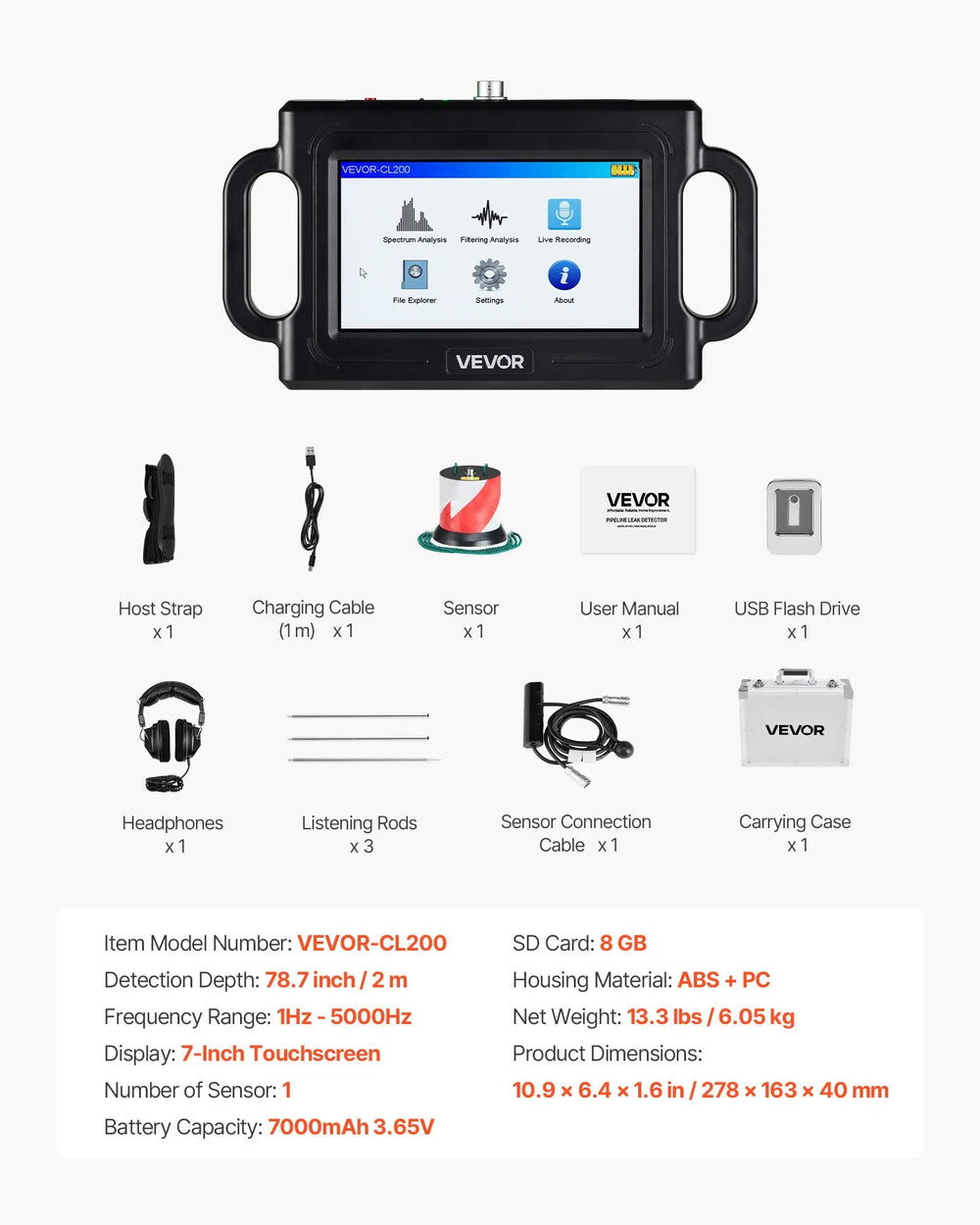 Vevor Pipe Water Leak Detector 1-5000Hz Frequency Range 6.6 ft Depth with 7" Touchscreen New