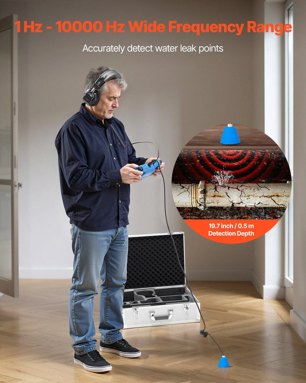 Vevor Pipe Water Leak Detector 1-10000Hz Frequency Range 1.6 ft Depth with Touchscreen New