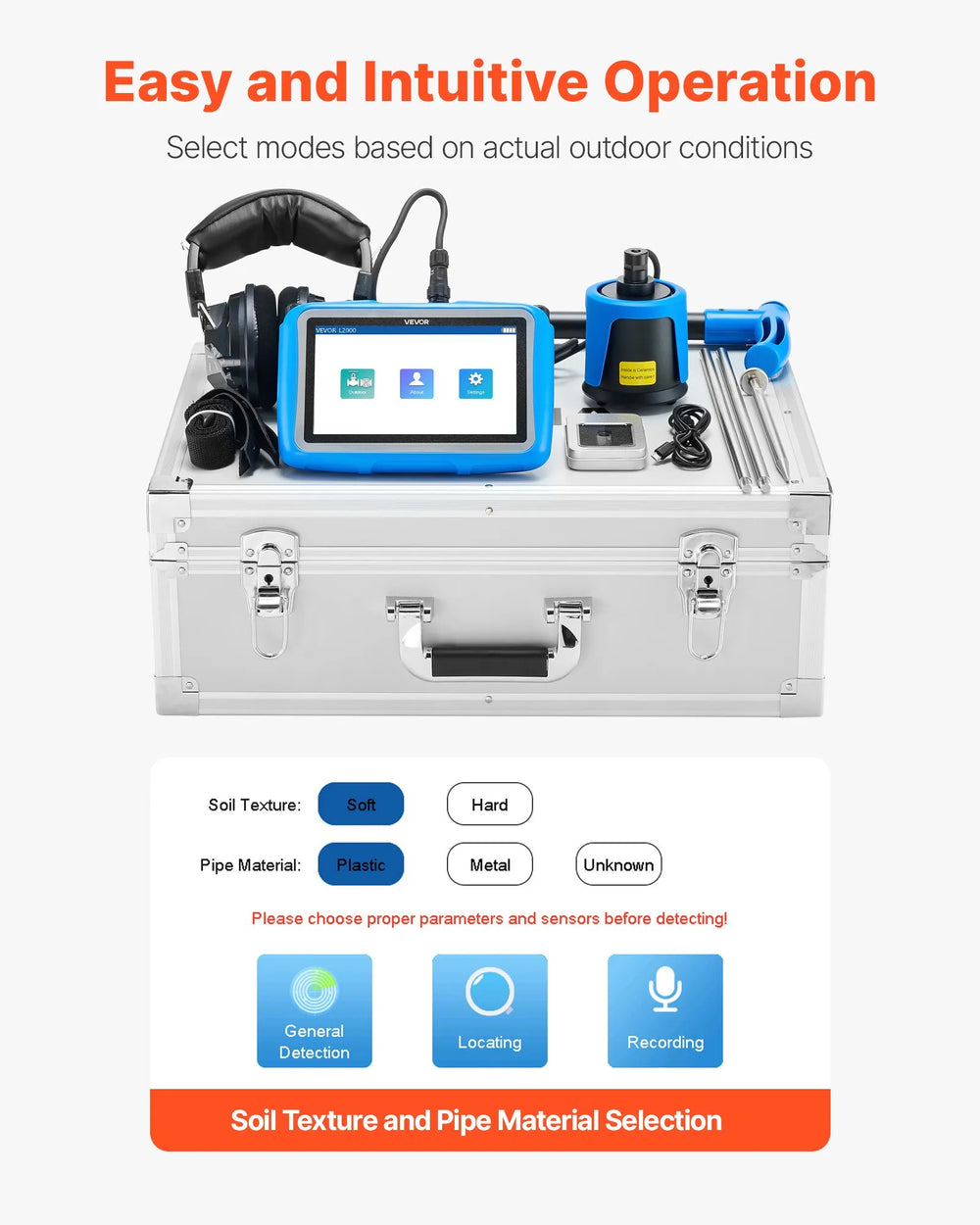 Vevor Pipe Water Leak Detector 1-10000Hz Frequency Range 16.4 ft Depth with 7" Touchscreen New