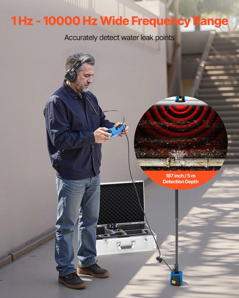 Vevor Pipe Water Leak Detector 1-10000Hz with 2 Sensors 16.4 ft Depth 7" Touchscreen New