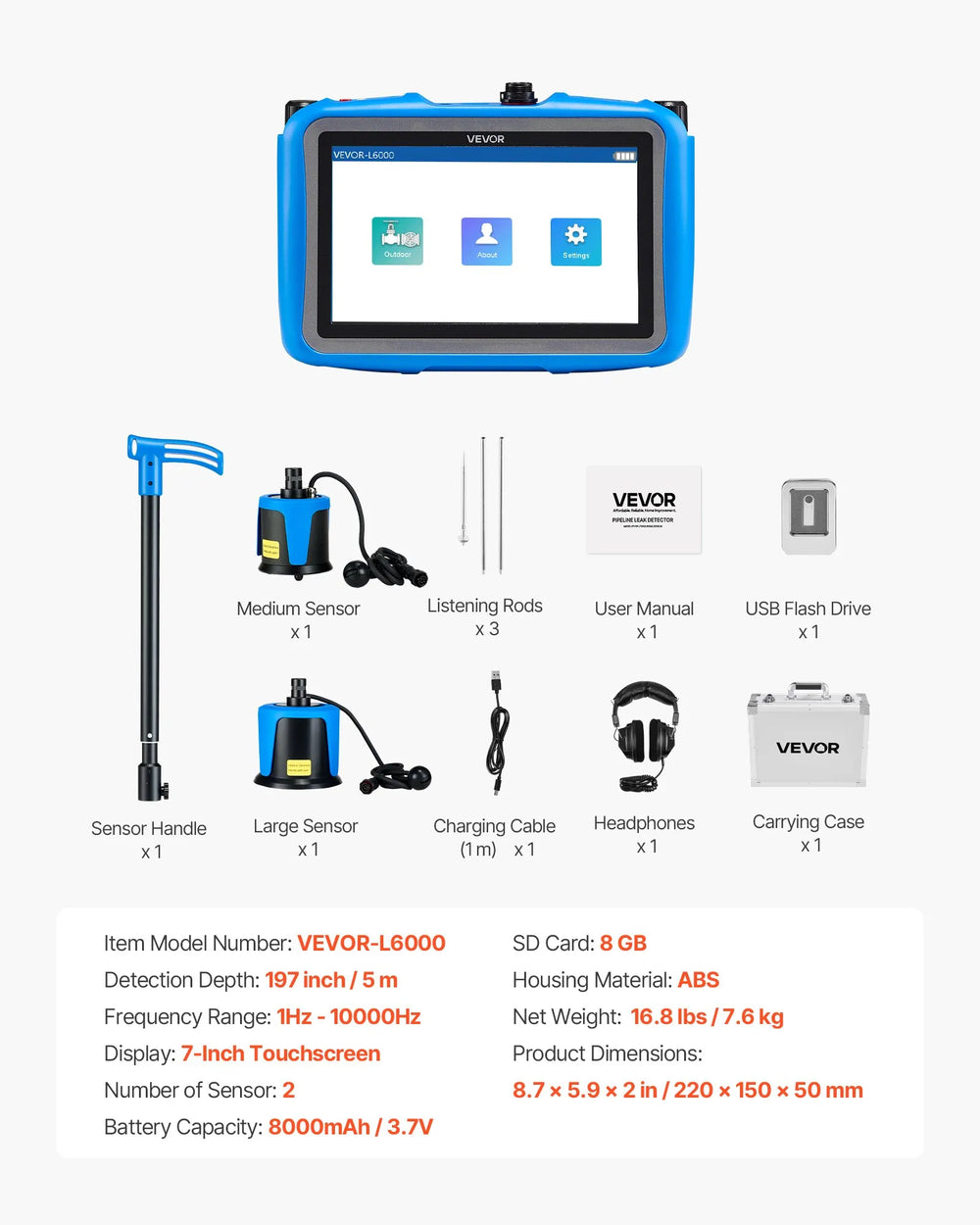 Vevor Pipe Water Leak Detector 1-10000Hz with 2 Sensors 16.4 ft Depth 7" Touchscreen New