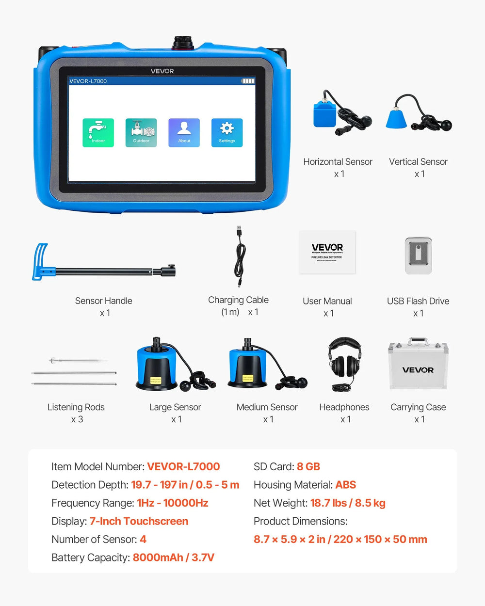 Vevor Pipe Water Leak Detector 1-10000Hz Frequency Range 16.4 ft Depth with Touchscreen New