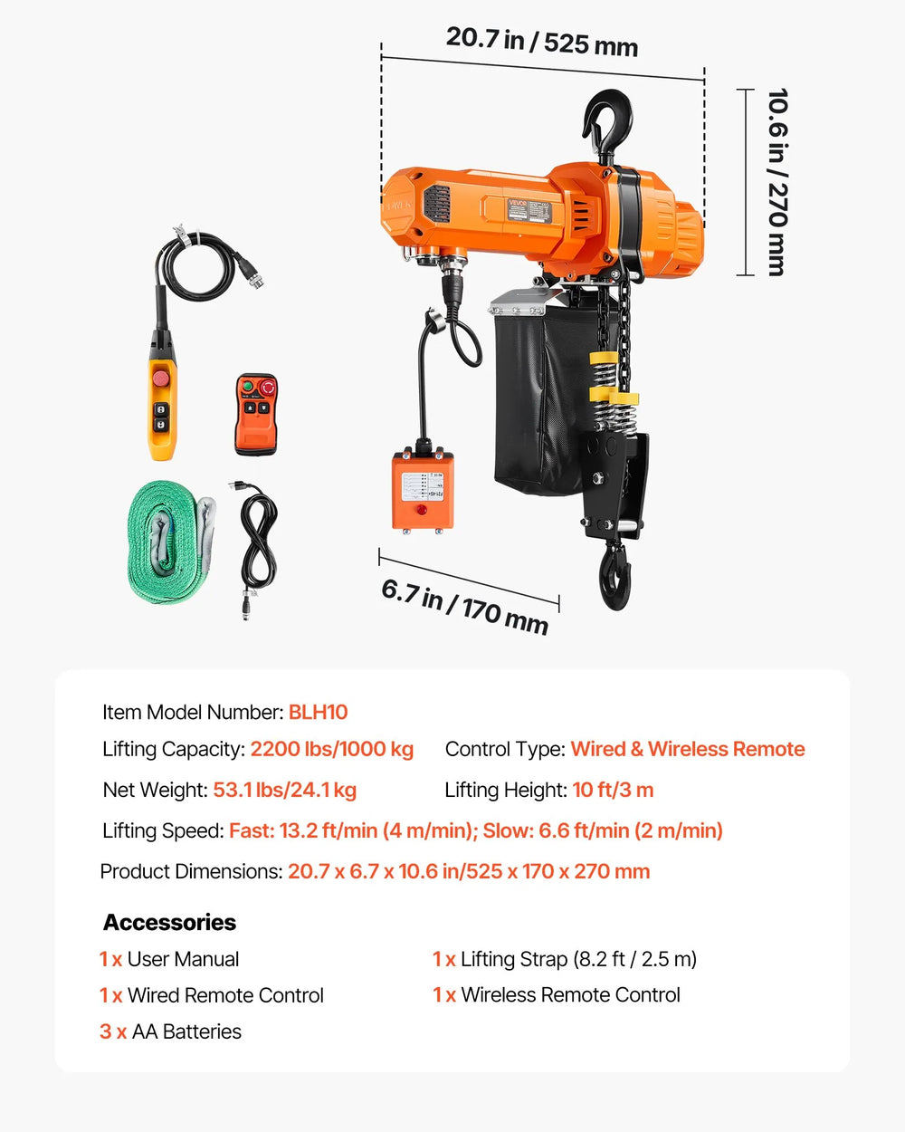 Vevor Electric Chain Hoist 2200 lbs. 10 ft. Lift Height Wired/Wireless Remote Control 120V New