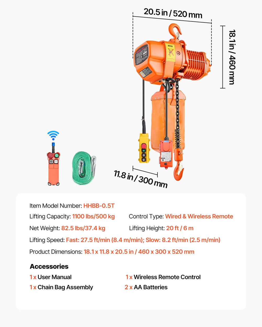 Vevor Electric Chain Hoist 1100 lbs. 20 ft. Lift Height Wired/Wireless Remote Control 3-Phase 480V New
