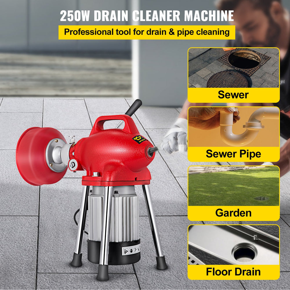 Vevor Electric Drain Cleaner Auger 40 FT x 3/5 Inch Steel Cable 250W with 6 Cutters New