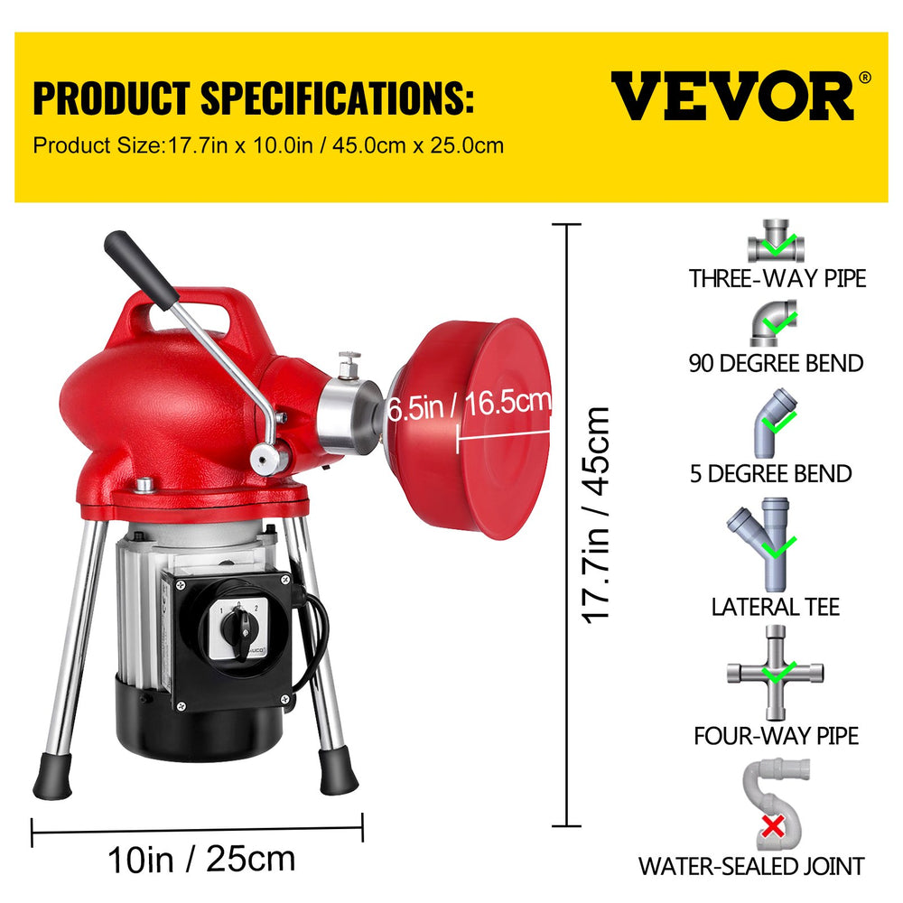 Vevor Electric Drain Cleaner Auger 40 FT x 3/5 Inch Steel Cable 250W with 6 Cutters New