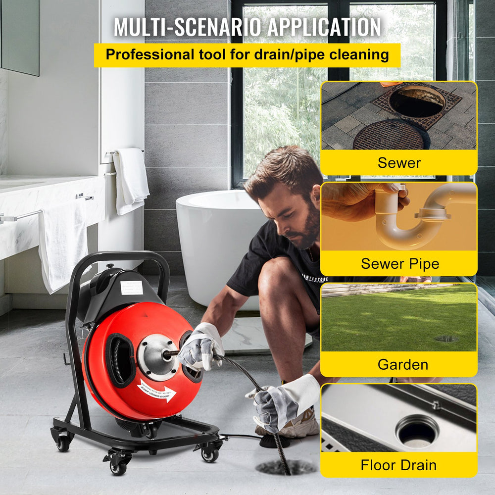 Vevor Electric Drain Auger 50-feet x 1/2-inch Sewer Snake Fits 2"-4" Pipes 250W New