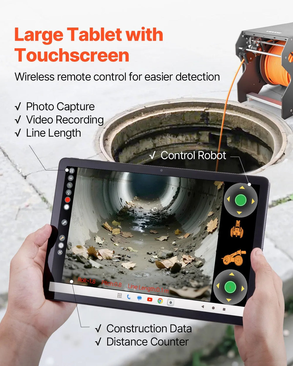 Vevor Sewer Pipe Inspection Robot 197 Ft Detection 2MP Cameras with Touchscreen Tablet New